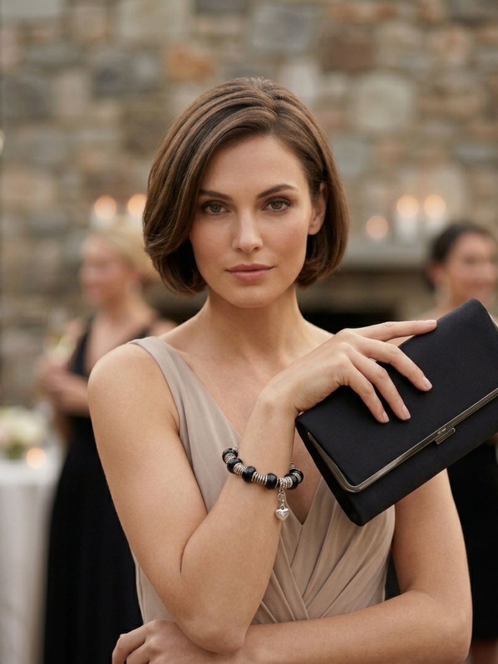 BCBG Satin Clutch & Black Bead Bracelet